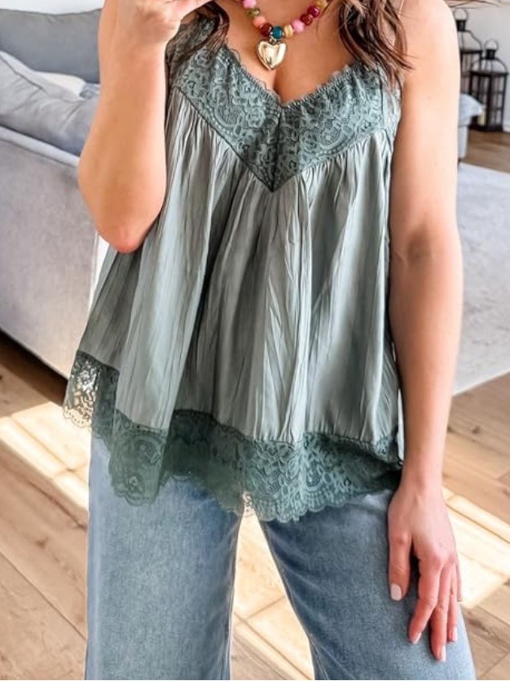 Lace-Trim V-Neck Sleeveless Top in Sage Green